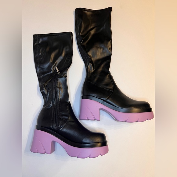 Cape Robbin Shoes - NWT Funky Chunky Lug Boots - Black & Lilac Knee-High Vinyl Platform Boots